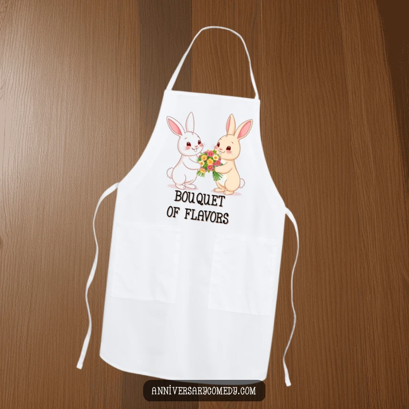 Funny bunny apron with bunnies sharing flowers, a cute and humorous design for kitchen wear and garden activities.
