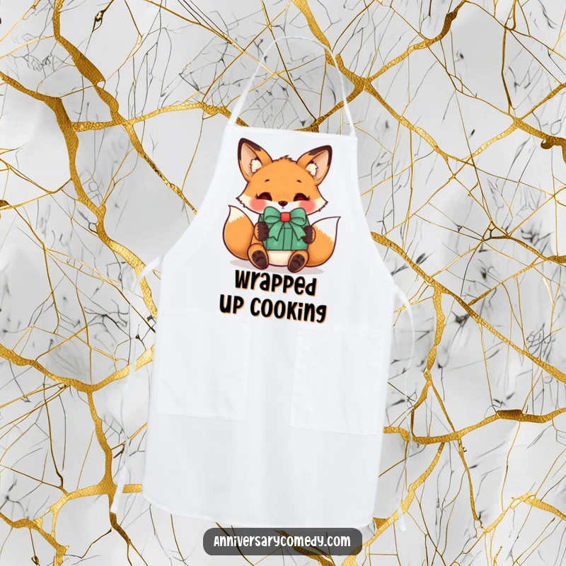 Funny fox apron with a curious fox receiving a wrapped gift with a bow, great for kitchen wear and showing love for surprises.