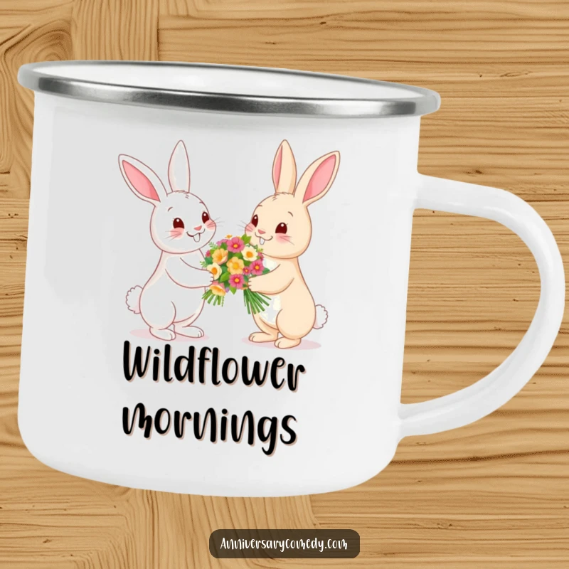 Funny bunny camping mug with bunnies exchanging flowers, a durable and humorous mug for outdoor enthusiasts and garden lovers.