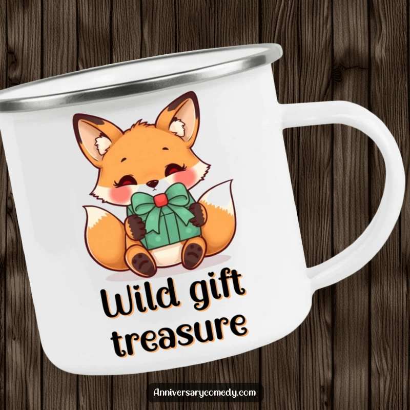 Funny fox camping mug with a curious fox receiving a gift, a durable and humorous mug for outdoor enthusiasts and surprise lovers.