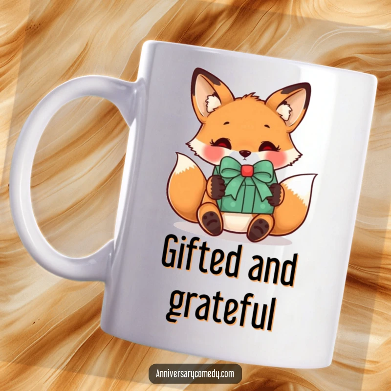 Funny fox mug with a curious fox receiving a wrapped gift with a bow, symbolizing wonder and joy of receiving gifts.