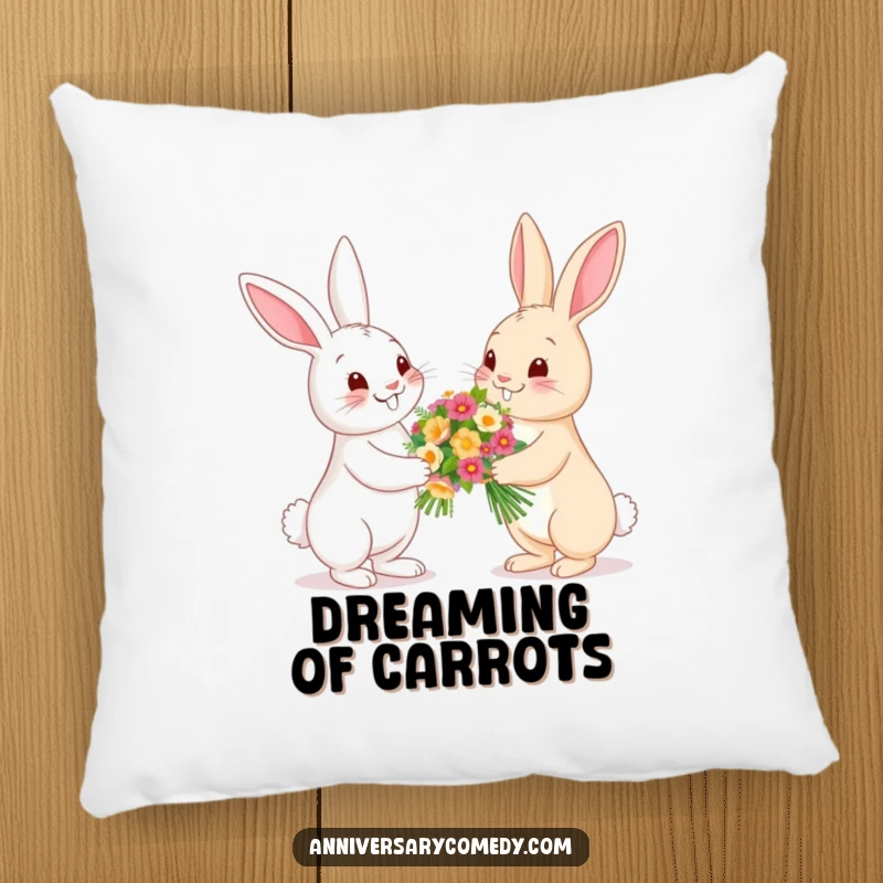 Funny bunny pillow with bunnies presenting flowers, offering cozy comfort and a touch of sweet, natural charm.