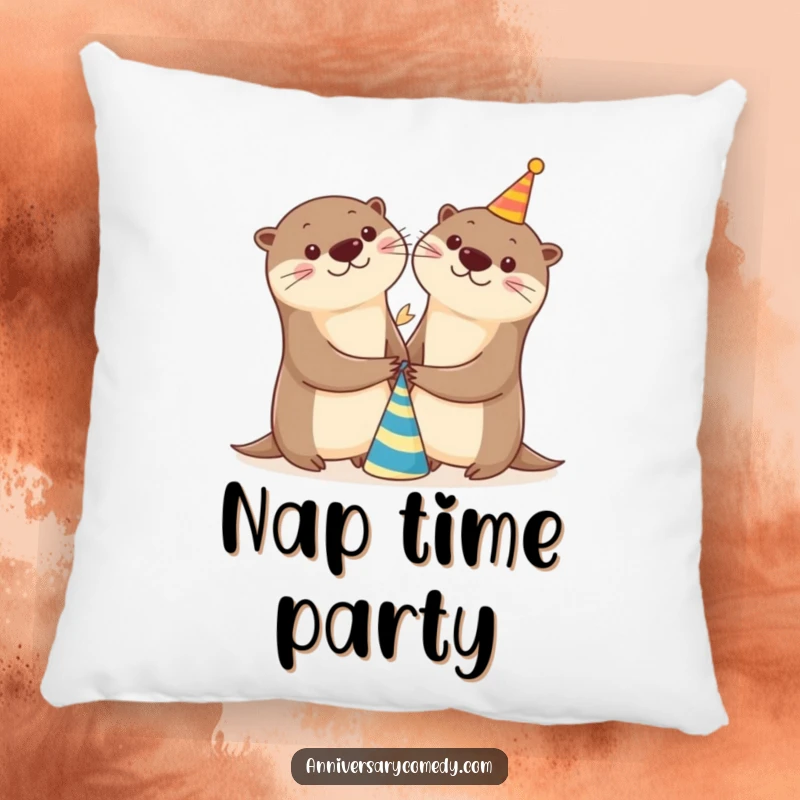 Funny otter pillow with two cheerful otters holding hands and a party hat, adding a cozy and festive touch to any space.
