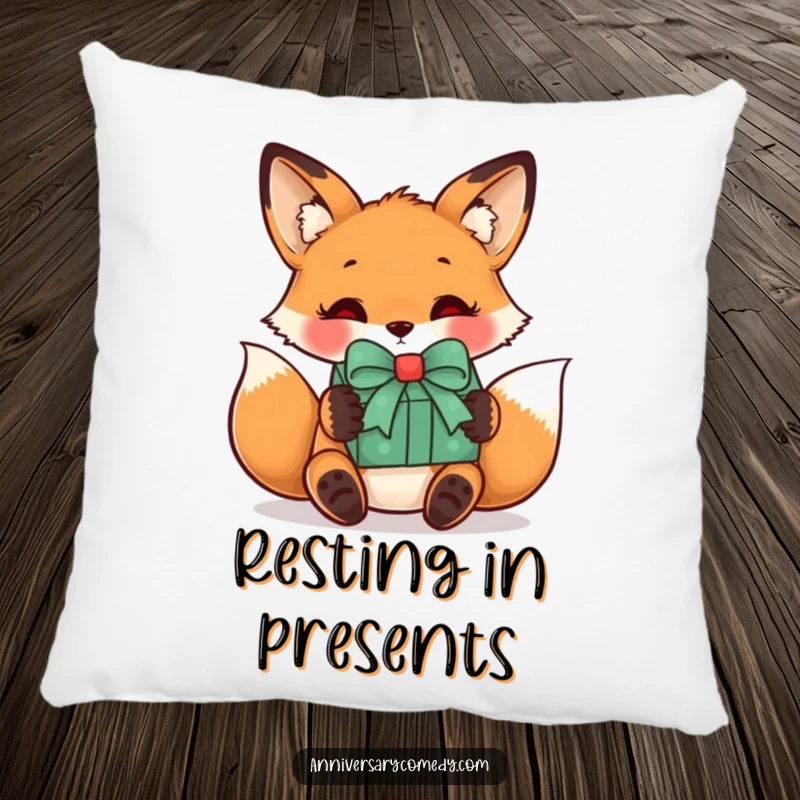 Funny fox pillow with a curious fox receiving a gift, offering cozy comfort and a hint of mystery and delight.