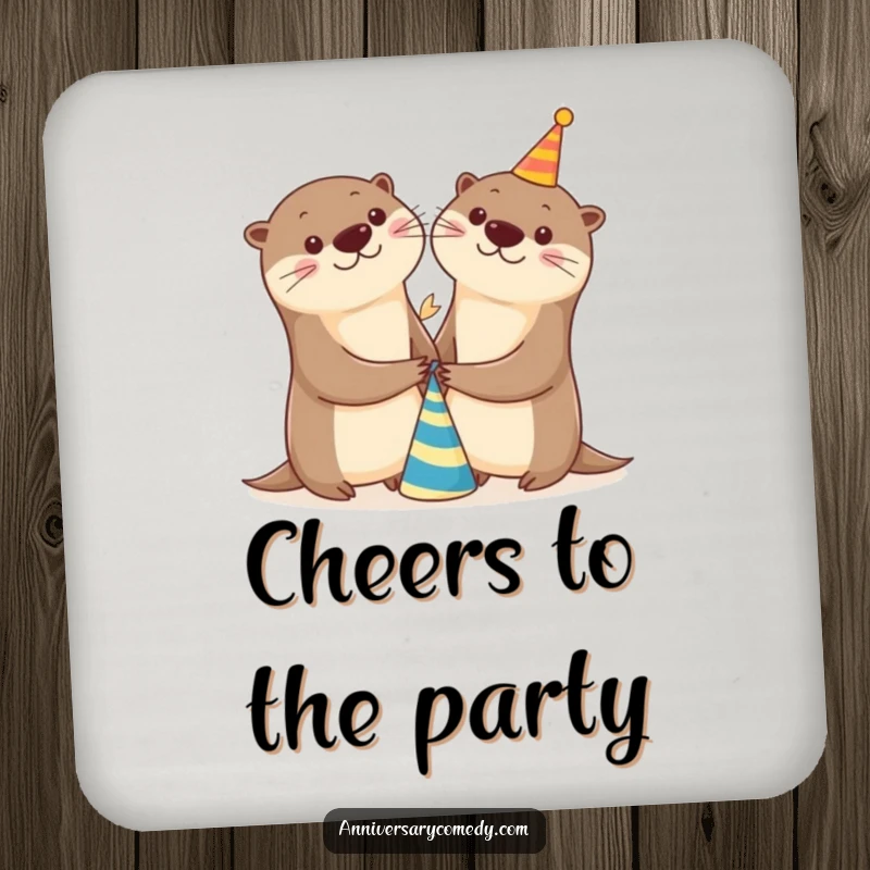 Funny otter drink coaster with two cheerful otters holding hands by a party hat, protecting surfaces with a touch of celebration.