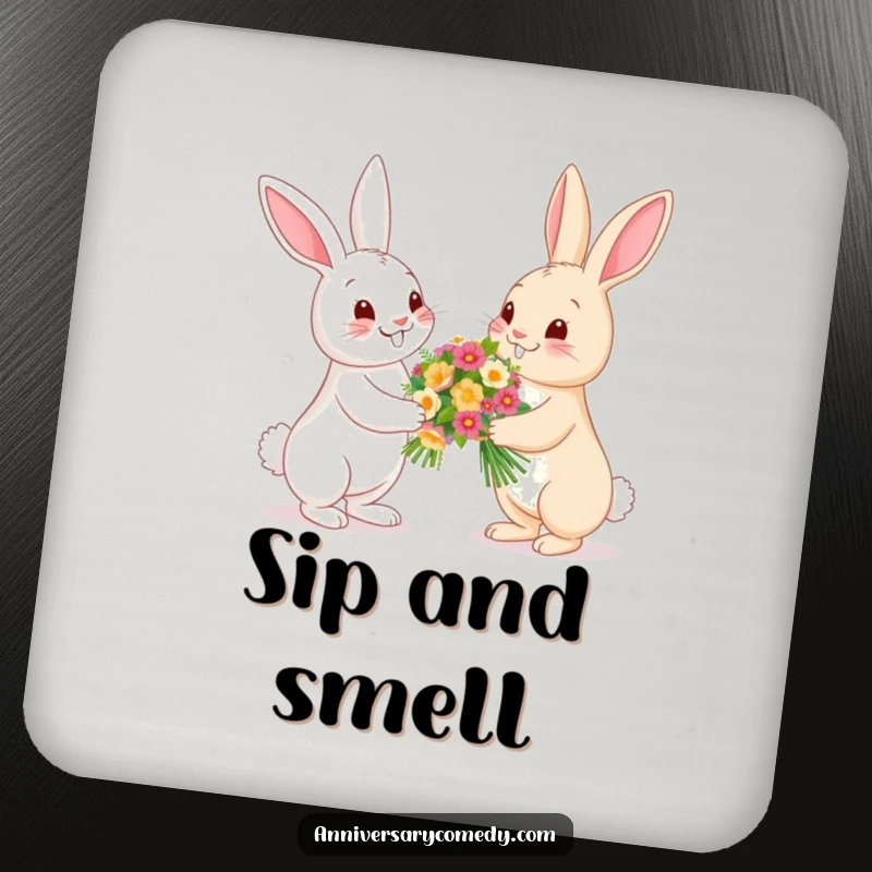 Funny bunny drink coaster with bunnies presenting flowers, protecting surfaces with a touch of natural sweetness.