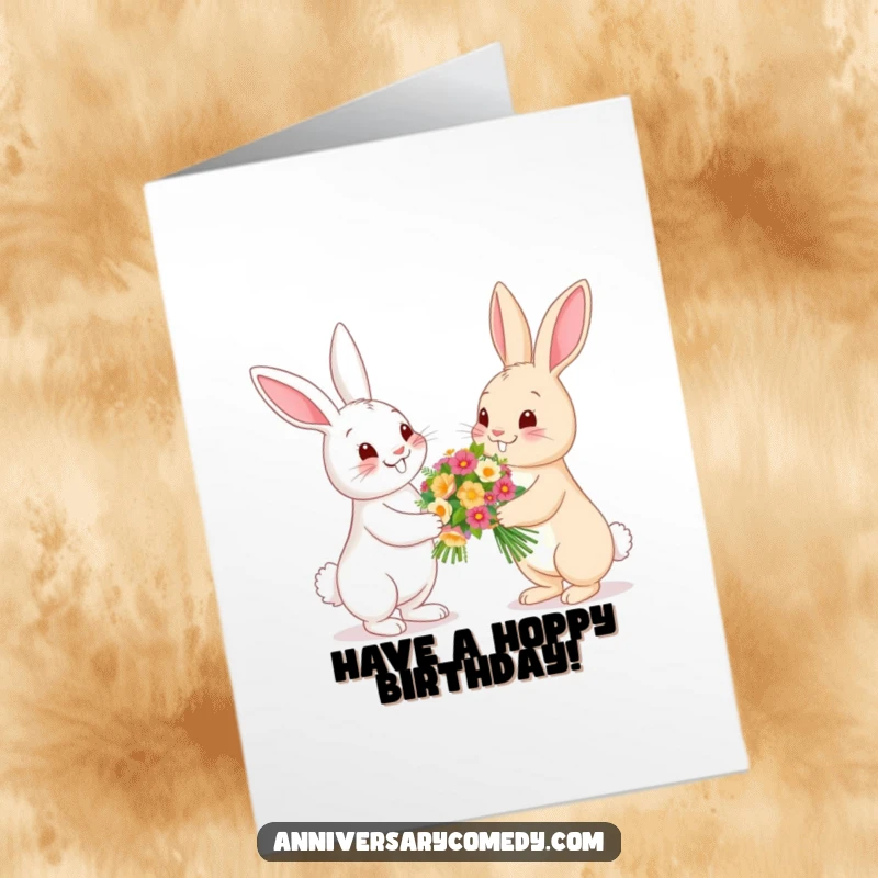 Funny Free Printable Birthday Card: A happy bunny presents a bouquet of flowers to another bunny, a sweet birthday gesture.