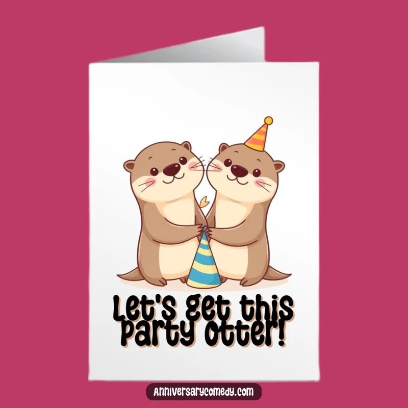 Free Printable Otter Birthday Card: Cheerful Hand-Holding Otters Celebrate with Party Hat!