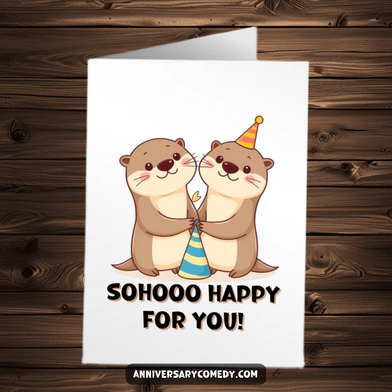 Funny Free Printable Congratulations Card: Two cheerful otters holding hands near a tiny party hat, celebrating a special achievement.