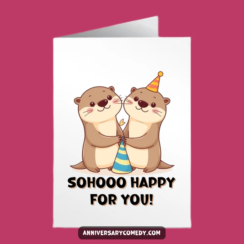 Free Printable Otter Congrats Card: Hand-Holding Otters Celebrate Success with Party Hat!