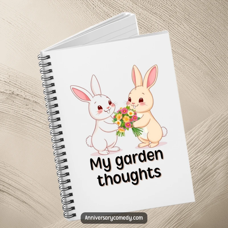 Funny bunny notebook with bunnies presenting flowers, ideal for gardening notes, journaling, and capturing sweet thoughts.