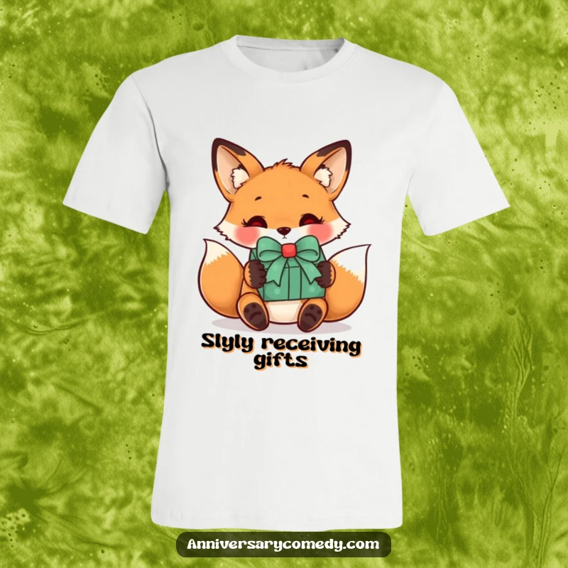 Funny fox t-shirt depicting a curious fox receiving a wrapped gift with a bow, perfect for gift-giving occasions and curious minds.