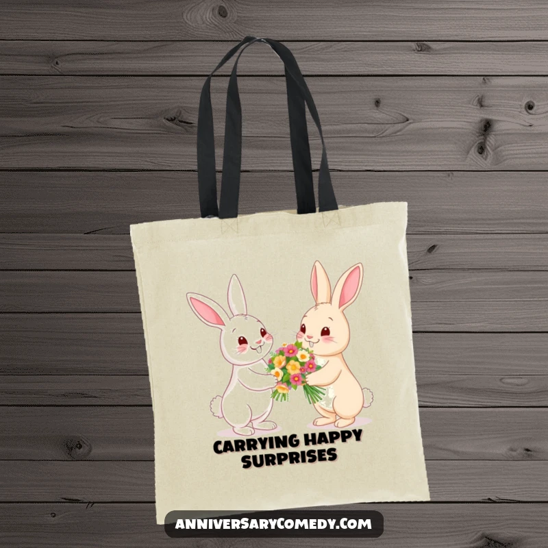 Funny bunny tote bag with bunnies presenting and receiving flowers, a cute and humorous accessory for daily use.
